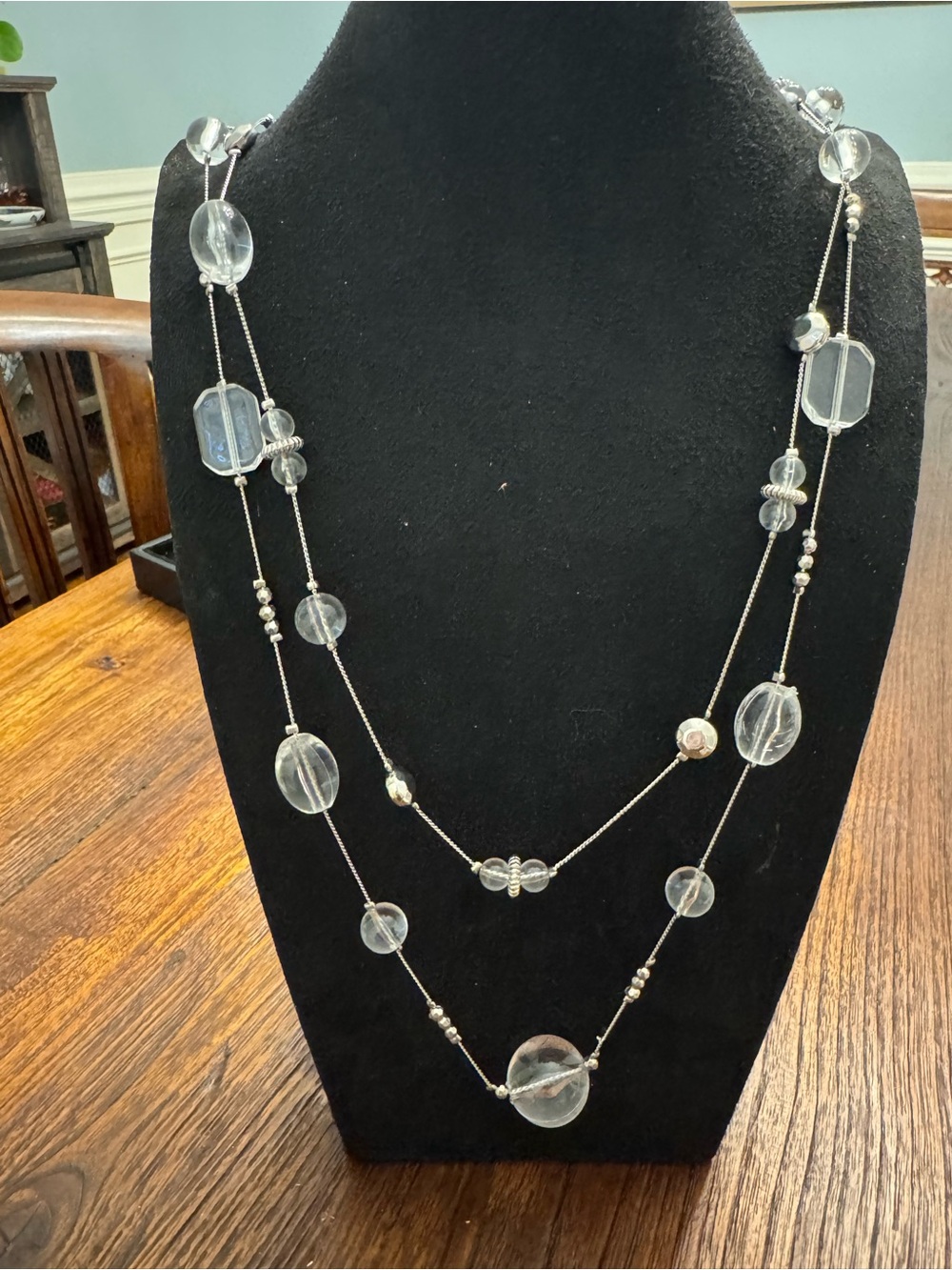 Silver Tone Long Layered Necklace Clear Beaded Double Strand Statement